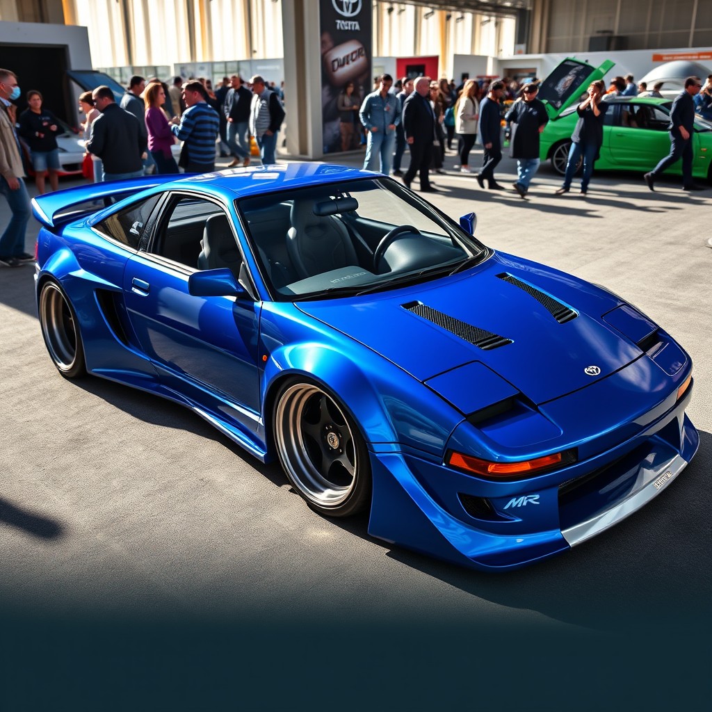 A large, captivating image of a Toyota MR2 restomod featuring wide-body fenders (ailes large) that give it an aggressive and sporty stance
