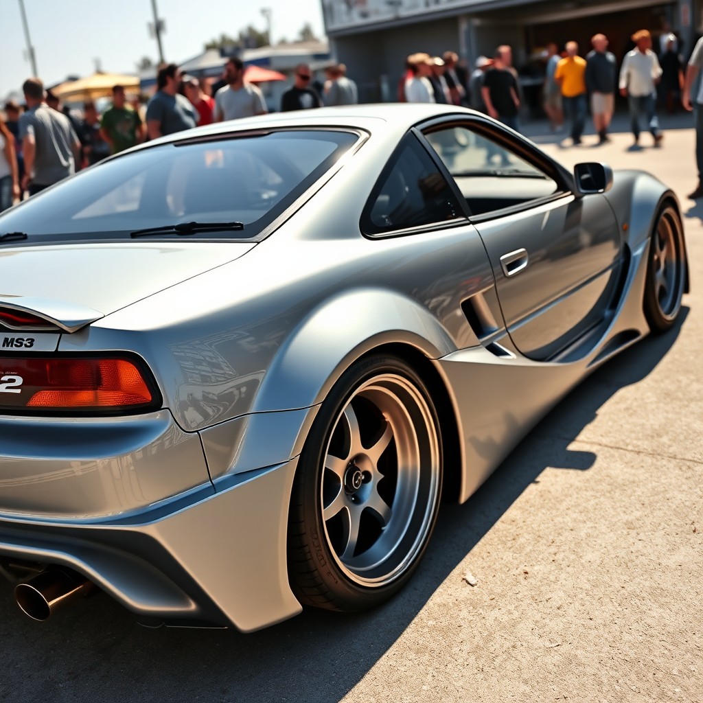 A large, detailed image of a Toyota MR2 restomod featuring wide-body fenders (ailes large) and an extended rear hatch (pavillon prolongé bout de coffre arrière) that provides an aggressive and sleek profile