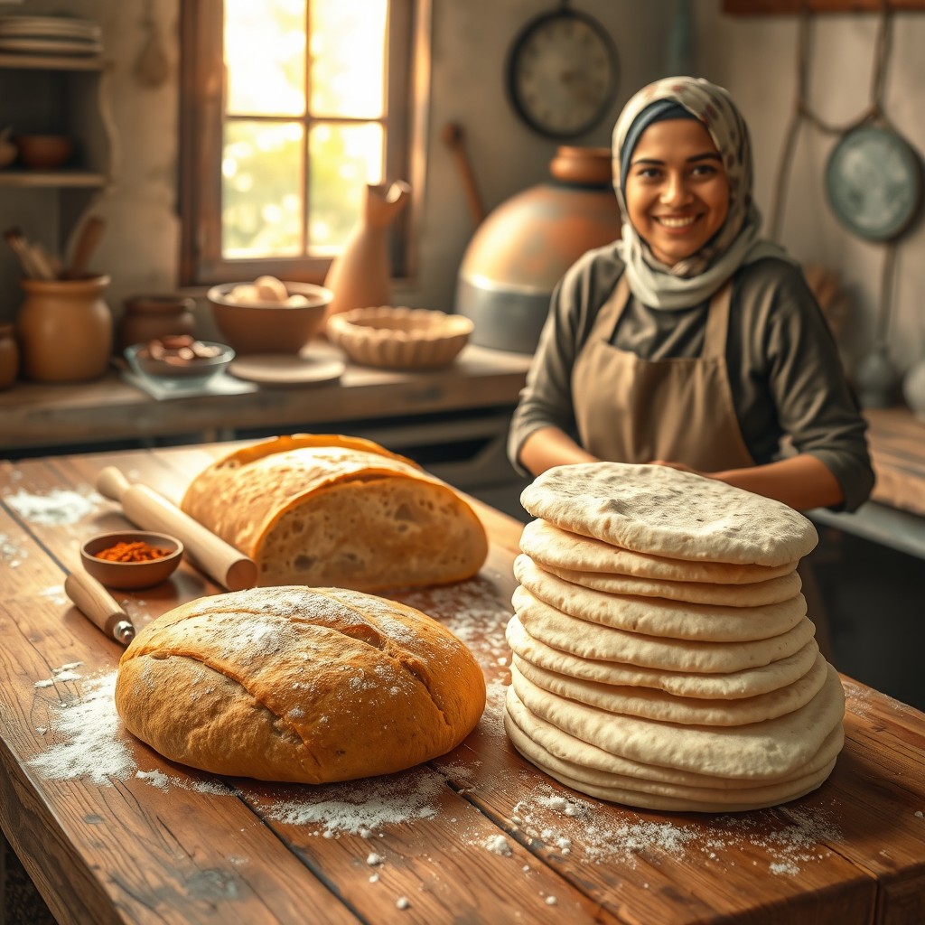 An artistic depiction of baking bread and making roti, showcasing a rustic kitchen with a wooden table