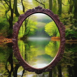 A majestic mirror reflecting a divine visage camouflaged within the splendid diversity of nature, while nearby humans remain lost in their own world, oblivious to the ethereal sight.