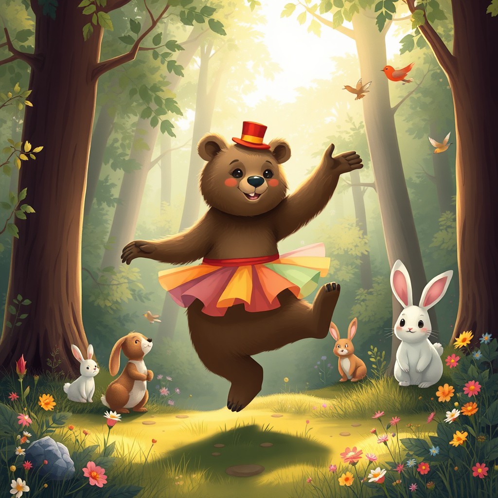 A charming, whimsical scene of a bear gracefully dancing in a vibrant forest