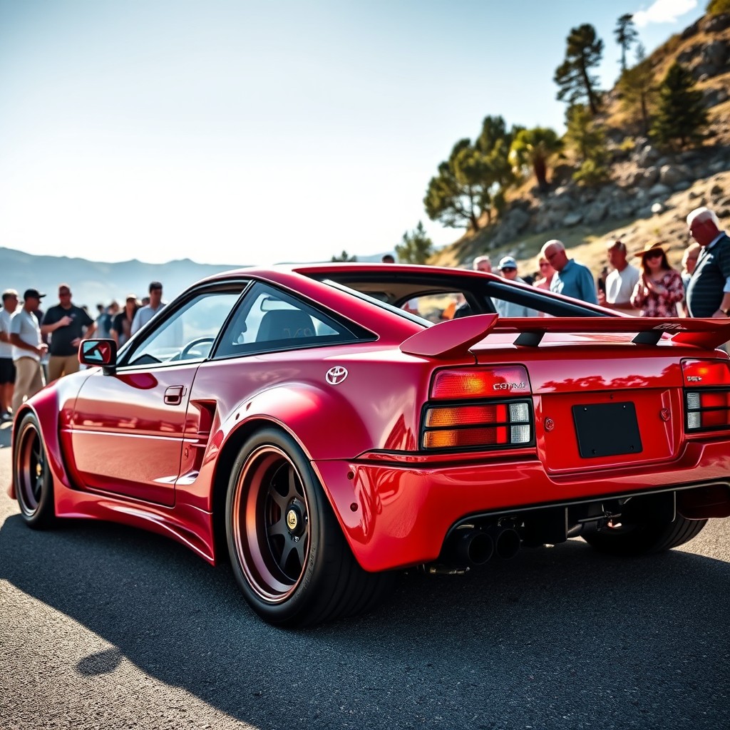 A stunning image of a Toyota MR2 GT4 restomod featuring wide-body fenders (ailes large) and an extended rear hatch (pavillon prolongé bout de coffre arrière) that gives it an unparalleled sporty and aggressive look