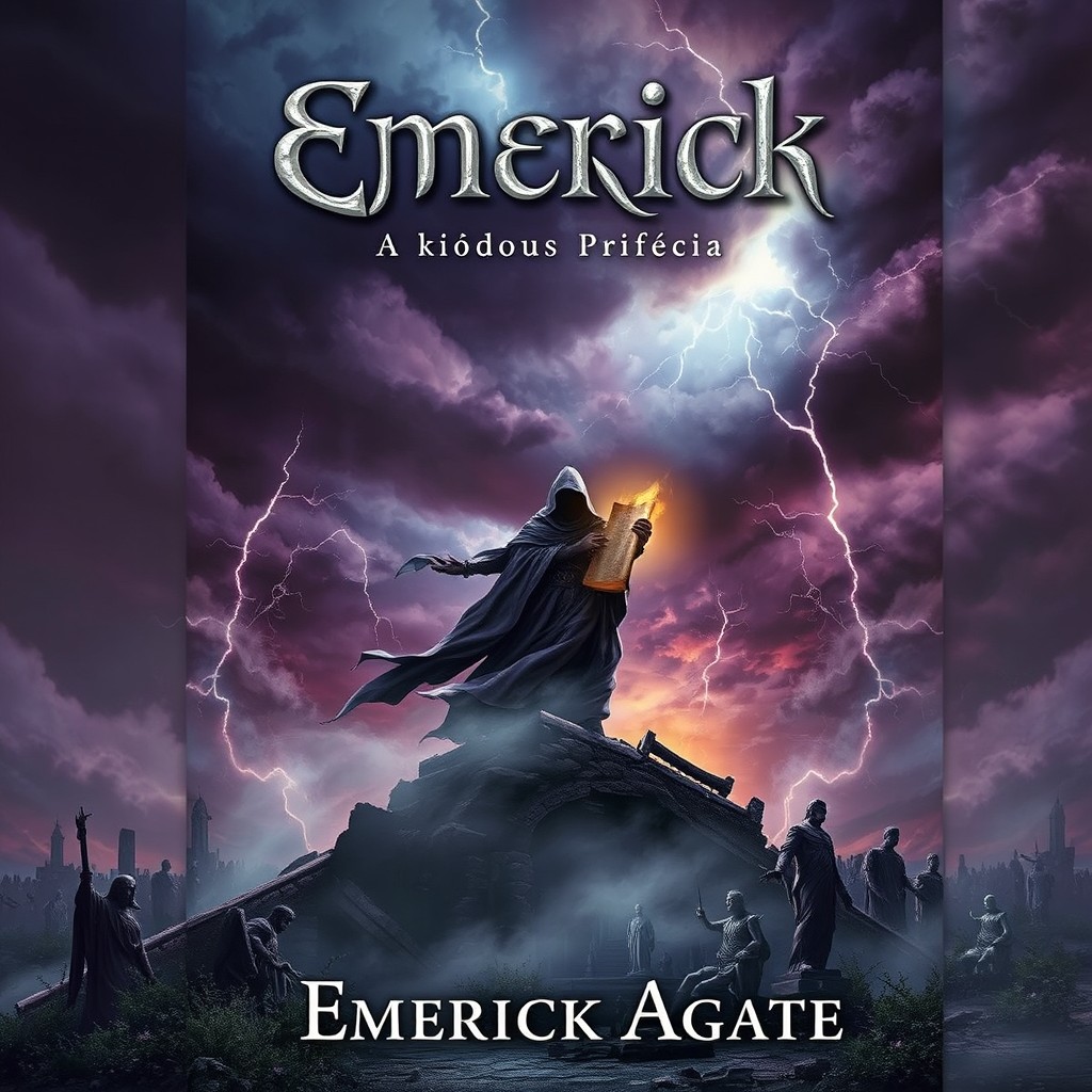 A captivating fantasy book cover depicting an apocalyptic scene intertwined with elements of prophecy