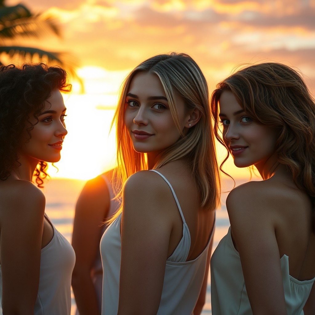 An ultra photorealistic full-body portrait of three beautiful 21-year-old women standing on a beach in Ilhabela, Brazil