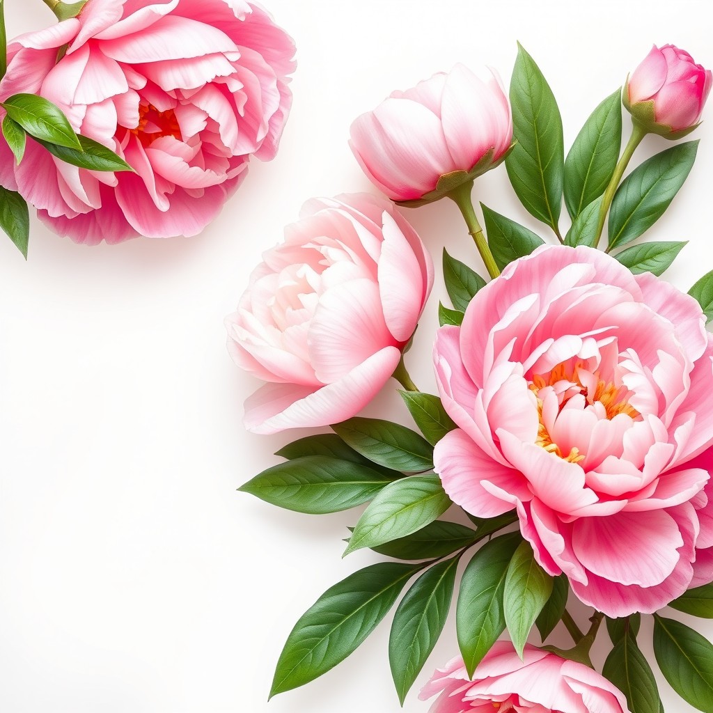 A vibrant wallpaper design featuring beautiful peony flowers in various shades of pink and white, elegantly arranged with lush green leaves on one side