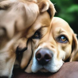 A deeply moving scene capturing a dog's eyes intensely locked with its owner's, radiating an undeniable bond of companionship and unconditional love.