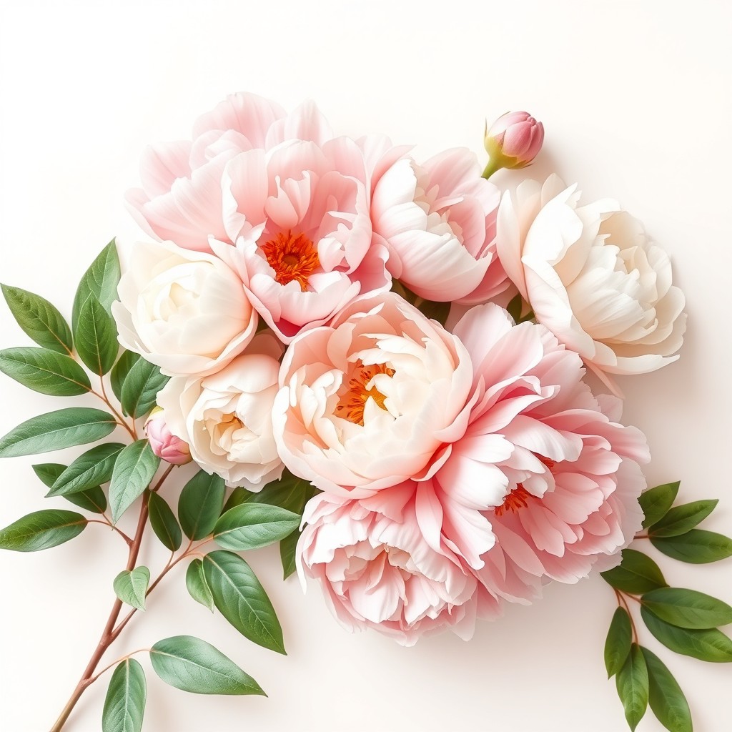 A beautiful wallpaper design featuring an intricate arrangement of peony flowers in soft pinks and whites, complemented by lush green leaves on one side