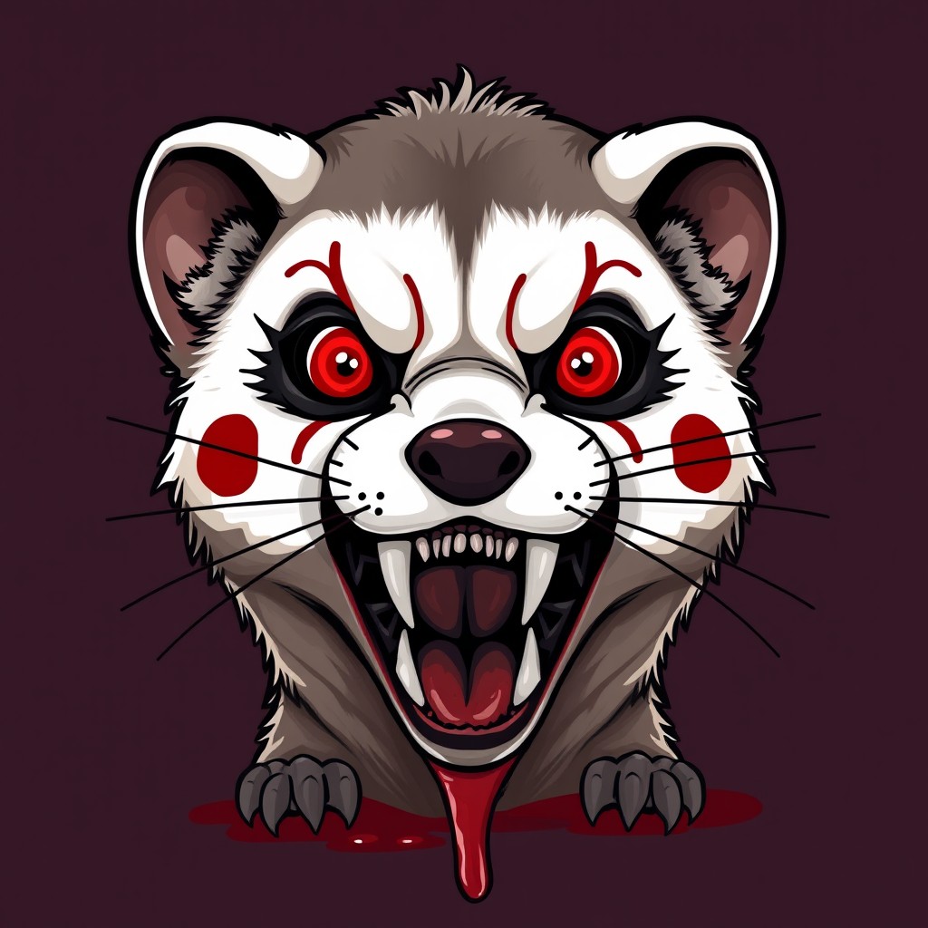 A terrifying cartoon-style ferret face, adorned with clown makeup, for a Halloween theme