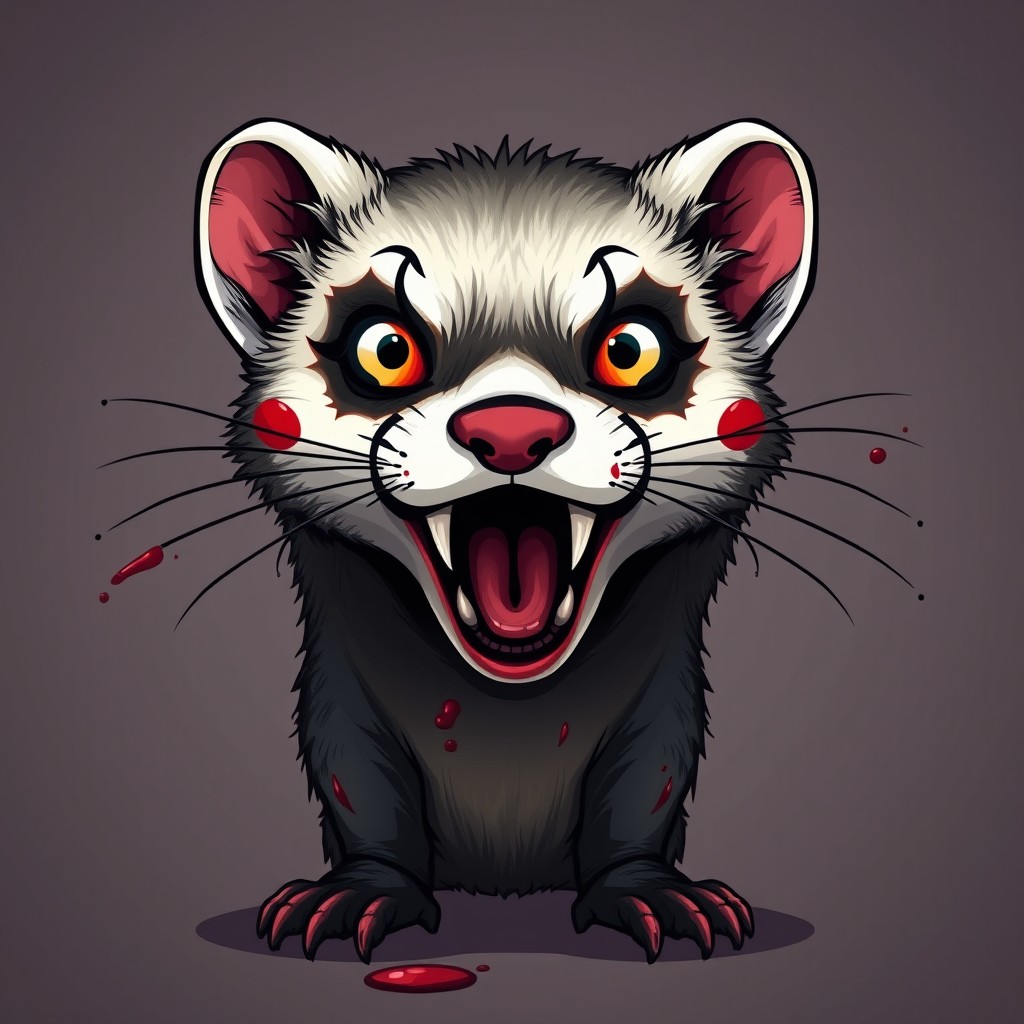 A ferret face with exaggerated clown makeup, set in a vertical position