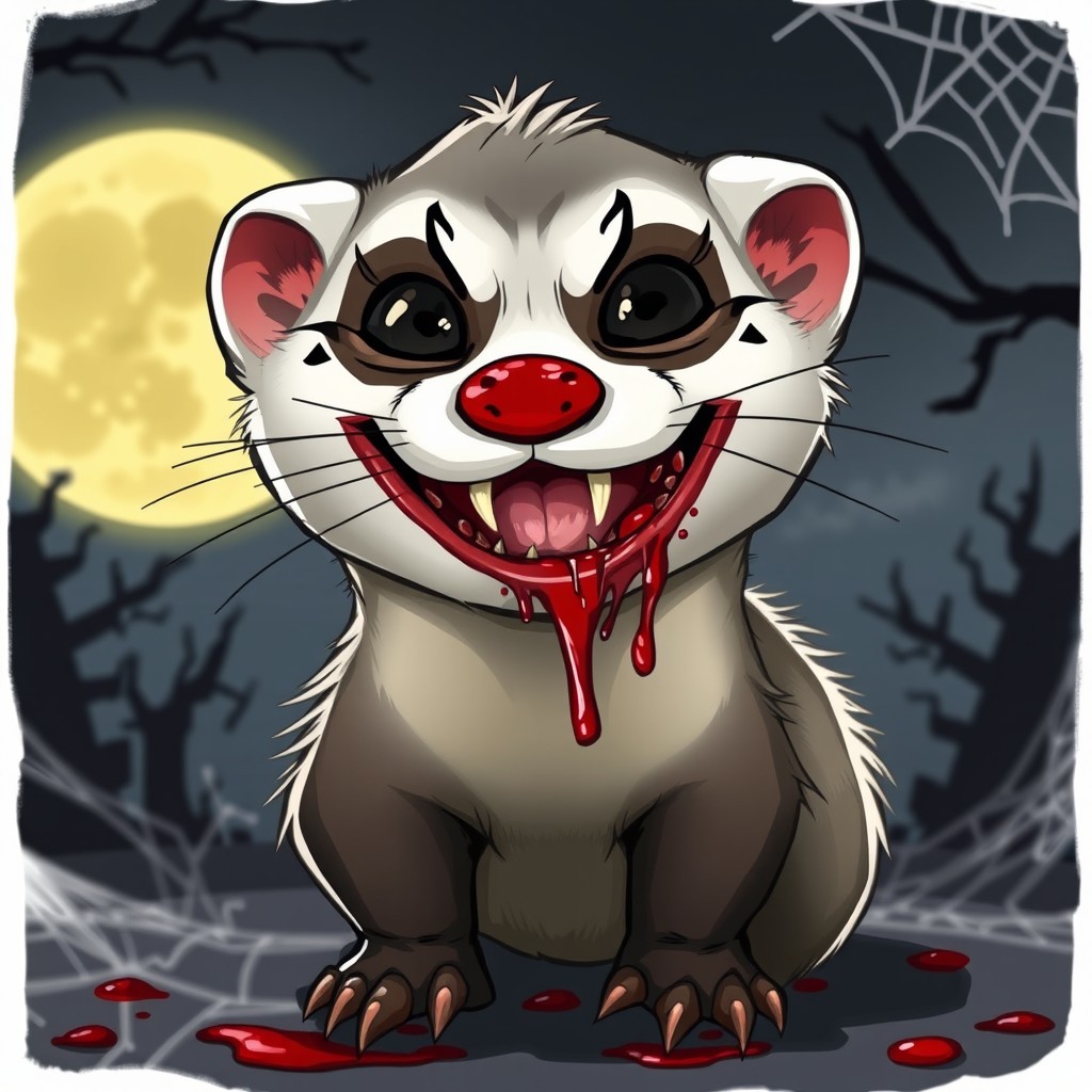 A terrifying cartoon ferret with a demonic twist, its face painted with creepy clown makeup featuring exaggerated red lips, dark eyes, and playful yet frightening designs
