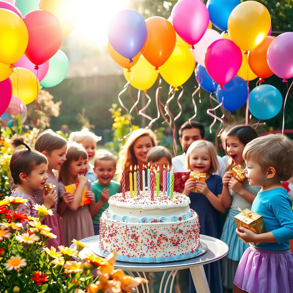 A vibrant and festive birthday party scene filled with colorful balloons, a beautifully decorated cake with candles, and sparkling streamers in the background