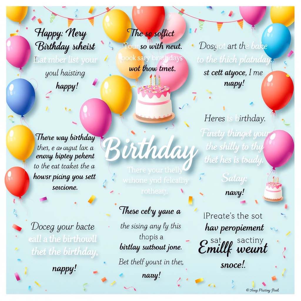 An artistic compilation of inspiring birthday quotes beautifully arranged, featuring a colorful background filled with festive elements such as balloons, cakes, and confetti
