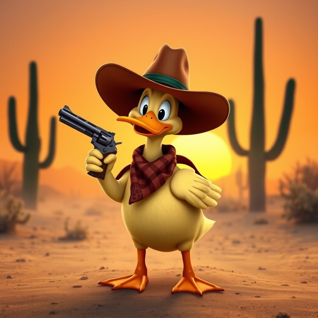 A lonesome cowboy duck standing confidently in a dusty, sunlit desert landscape