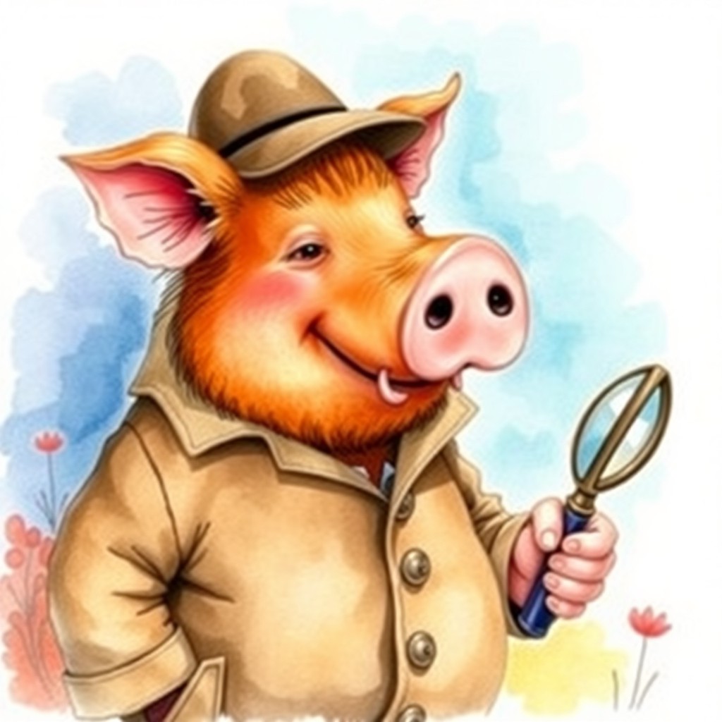 A whimsical scene featuring a pot-bellied detective pig, who is brown and hairy, with a distinct tusk