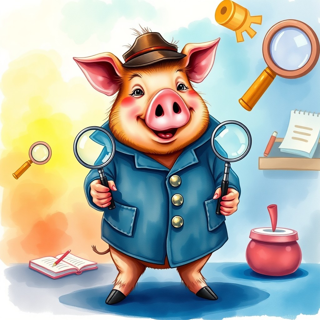 A pot-bellied detective pig, brown and hairy, with a distinctive tusk, standing confidently while holding a magnifying glass in each hoof