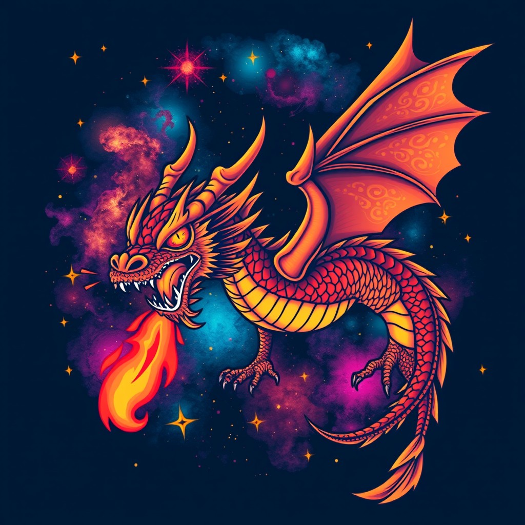 A trendy and stylish t-shirt design featuring a vibrant illustration of a fierce dragon with intricate scales, fiery eyes, and flames emanating from its mouth