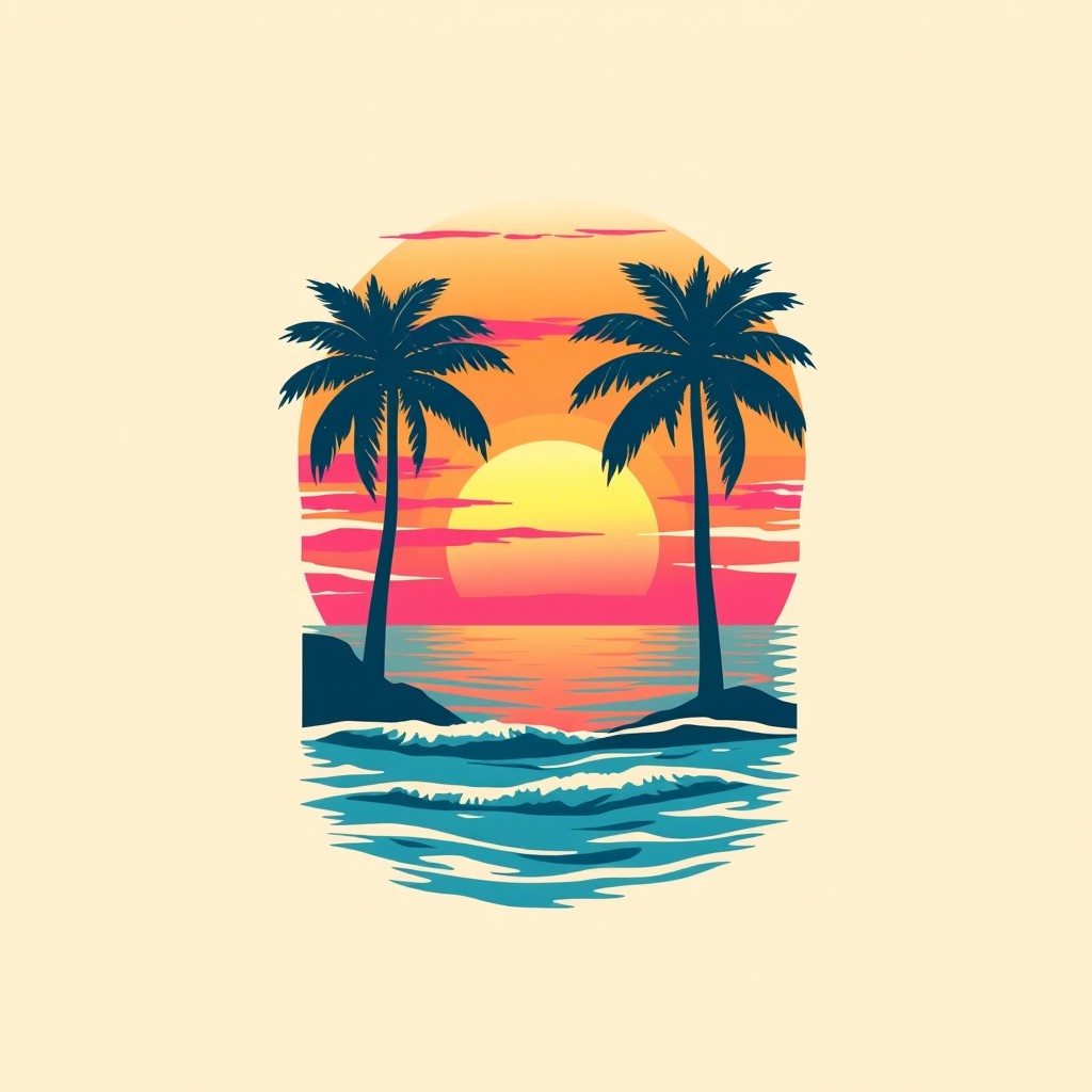 A stylish and trendy t-shirt design featuring a vintage-inspired graphic of a colorful sunset over a peaceful ocean, with palm trees silhouetted against the vibrant sky