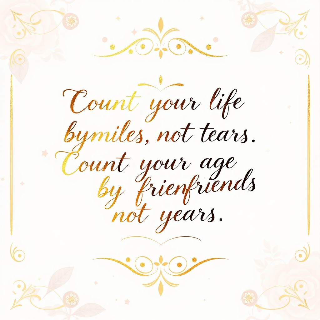 A beautiful birthday card design featuring an elegant handwritten quote that reads, "Count your life by smiles, not tears