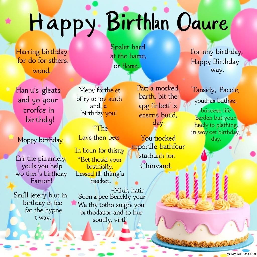 A creative display of personalized birthday quotes, artistically arranged on a festive background filled with balloons, party hats, and a large birthday cake