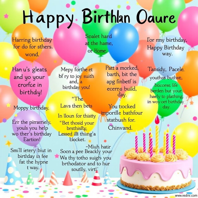 A creative display of personalized birthday quotes, artistically arranged on a festive background filled with balloons, party hats, and a large birthday cake