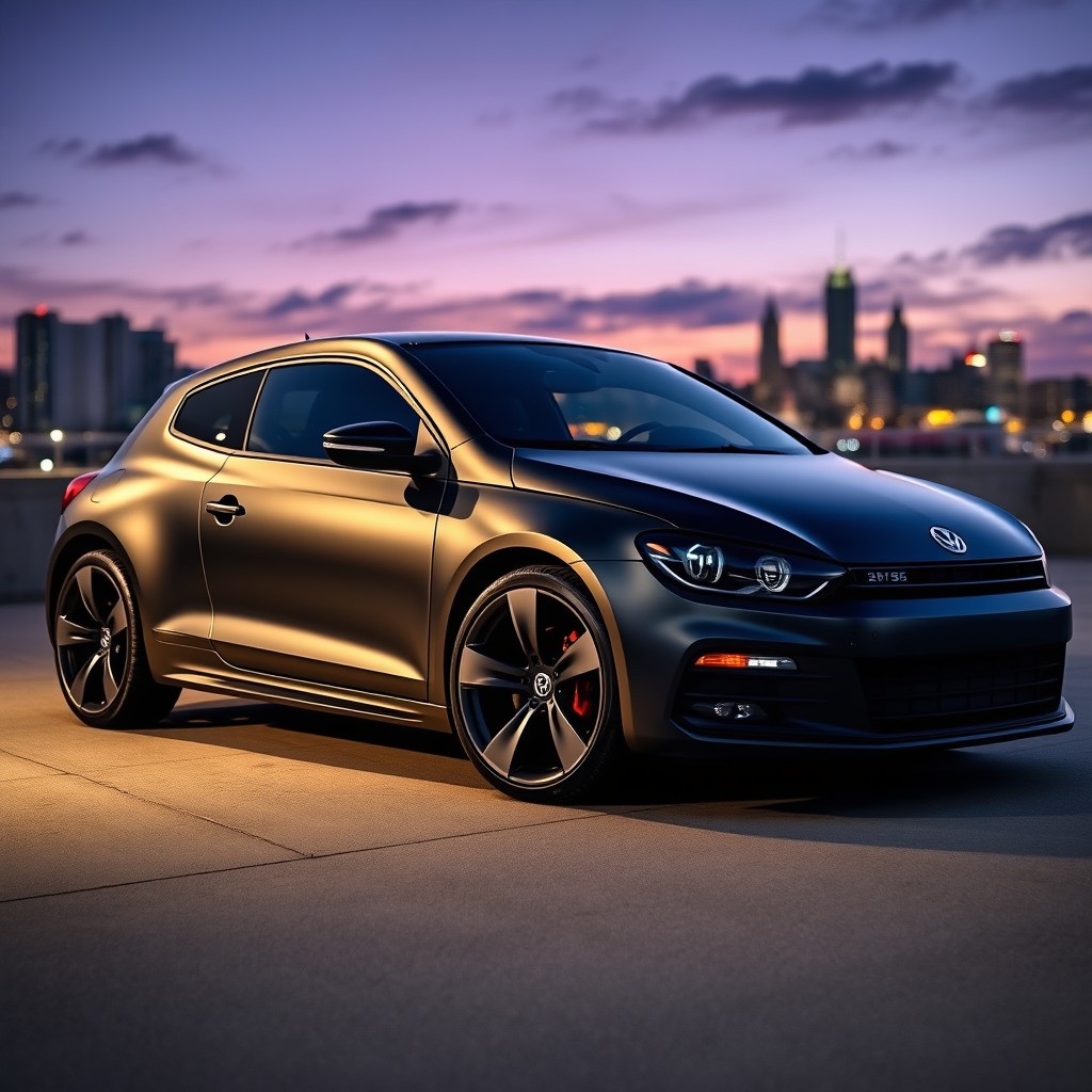 A sleek Volkswagen Scirocco in a striking matte black finish, showcasing carbon fiber accents on the mirrors, hood, and roof