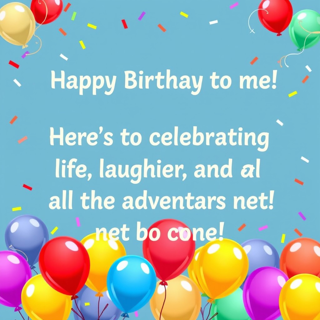 A simple yet heartfelt birthday quote: "Happy Birthday to me! Here's to celebrating life, laughter, and all the adventures yet to come!" The quote is presented in a cheerful font surrounded by a vibrant and colorful design featuring balloons and confetti, creating a joyful and festive ambiance