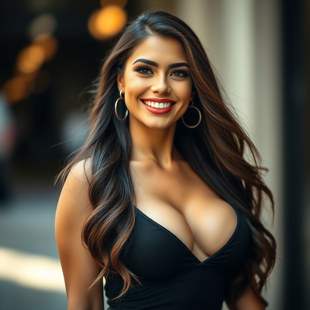 A stunning and attractive woman with an alluring smile, featuring long flowing hair and a curvaceous figure