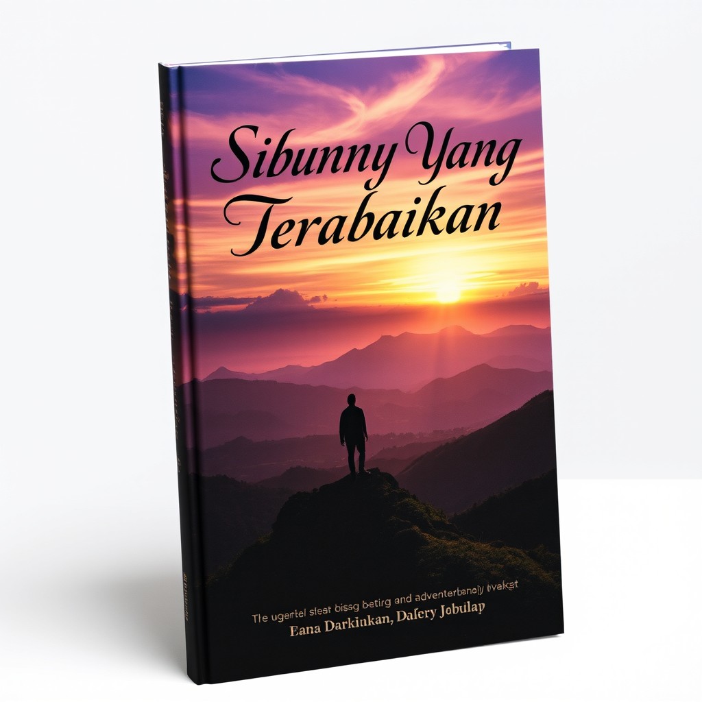A striking book cover for 'Sibungsu Yang Terabaikan', depicting a mystical and serene landscape with a silhouette of a solitary figure overlooking a lush valley at twilight