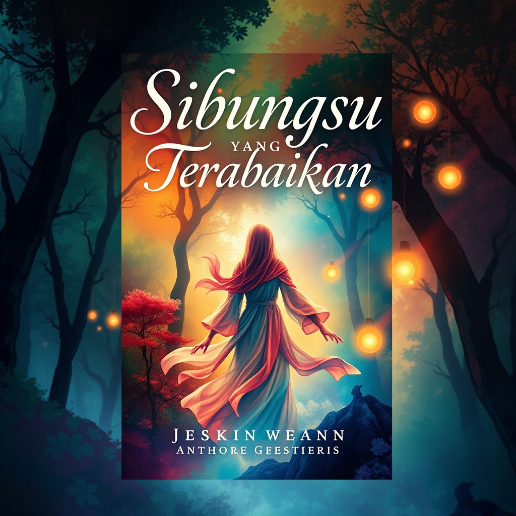 A book cover design for a title "Sibungsu Yang Terabaikan" featuring an abstract, mystical forest setting with vibrant colors