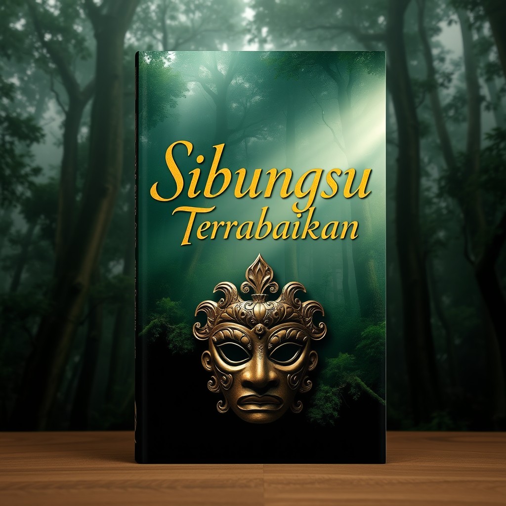 A captivating book cover for a novel titled 'Sibungsu Yang Terabaikan', featuring an ancient, mystical forest shrouded in mist