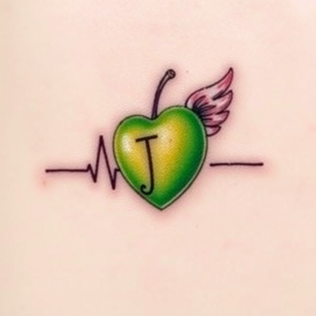 A small tattoo design featuring a heartbeat line creatively shaped like the letter 'J', intertwined with a green sour plum that has delicate angel wings attached