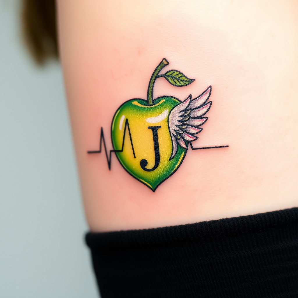 A small tattoo design featuring a heartbeat line that creatively includes the letter 'J' within its rhythm, interwoven with a green sour plum that has delicate angel wings attached