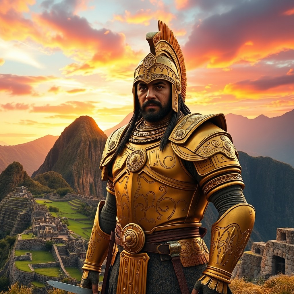 A hyper-realistic depiction of the Inca general Ollantay, clad in intricate golden armor, standing proud at the Ollantaytambo fortress