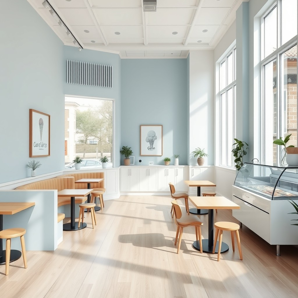 A minimalist gelato shop interior design featuring light blue, white, and light brown colors