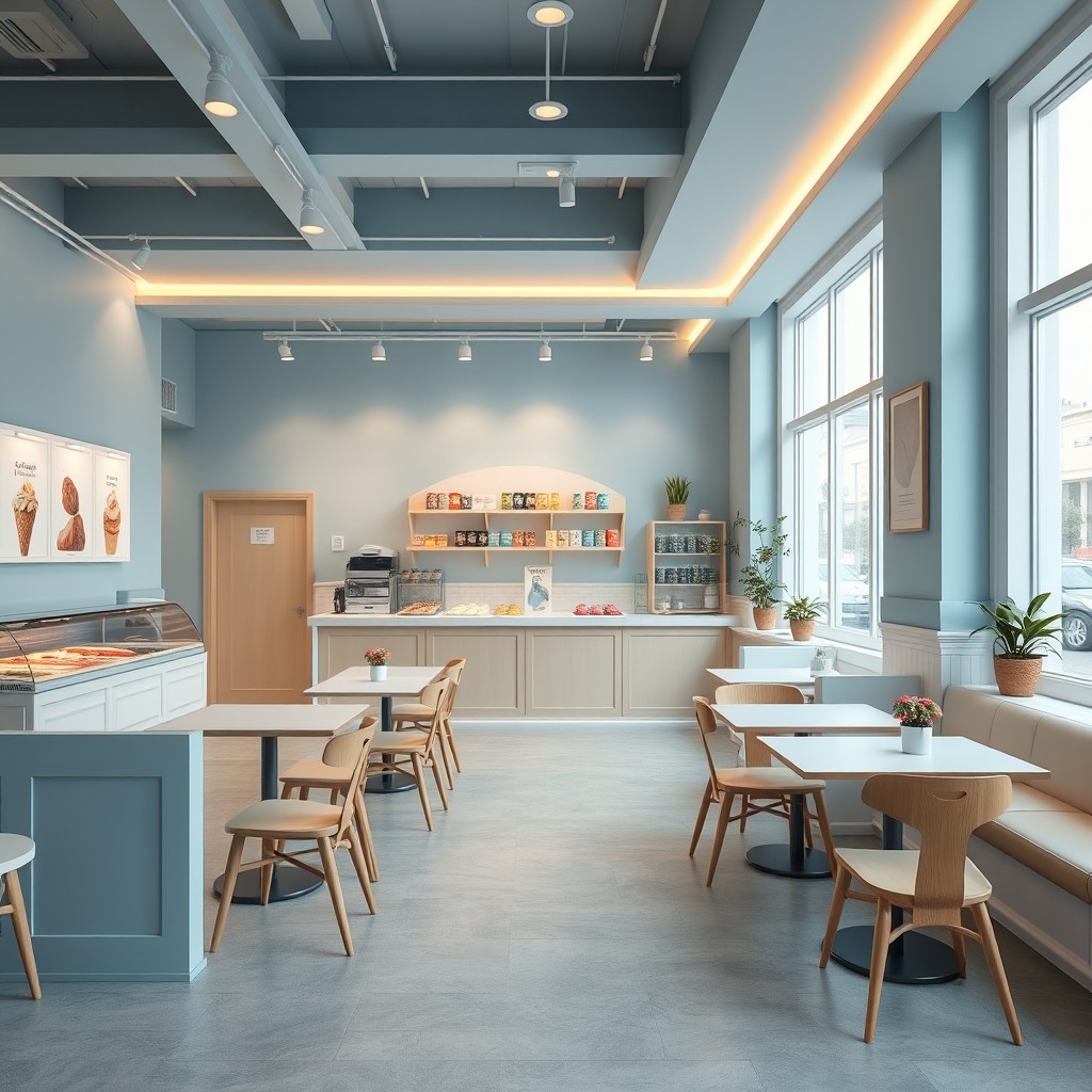 A minimalistic gelato shop interior design featuring light blue, white, and light brown furnishings
