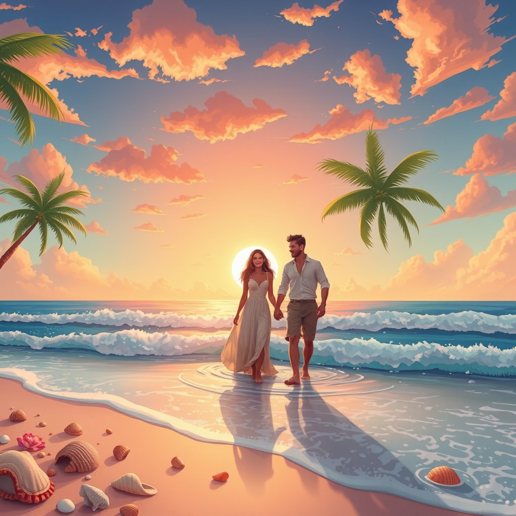 Um cenário vibrante de uma praia tropical ao pôr do sol, com palmeiras balançando ao vento e ondas suaves quebrando na areia dourada
