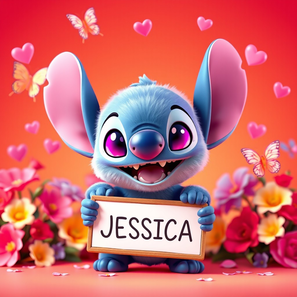 A 3D rendering of a cute, fluffy Chibi style baby Stitch holding a sign that says "JESSICA"