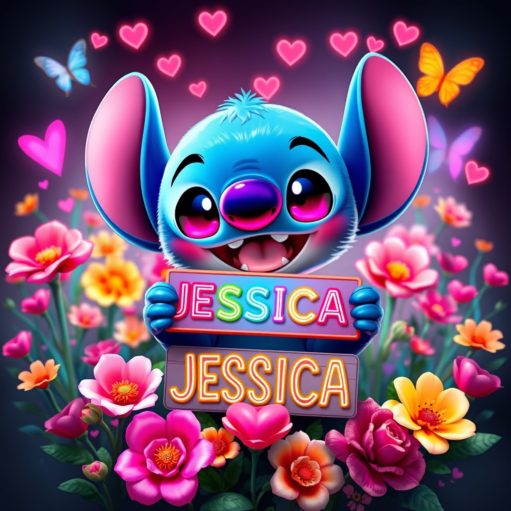A 3D rendering of a cute, fluffy Chibi style baby Stitch with a beaming smile, holding a colorful sign that reads "JESSICA"