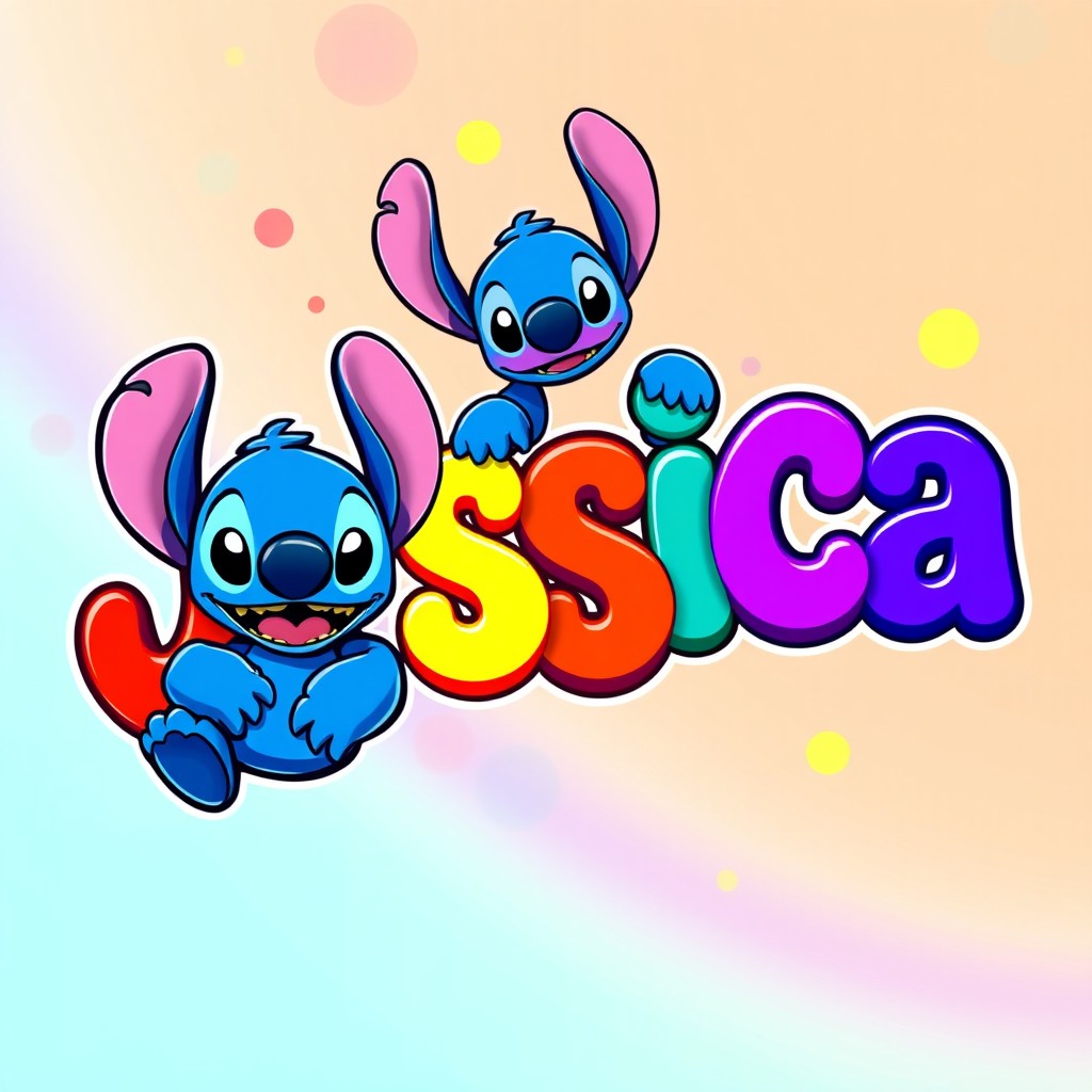 A vibrant and colorful design featuring the name 'Jessica' in playful, playful fonts with Disney's Stitch character integrated into the design