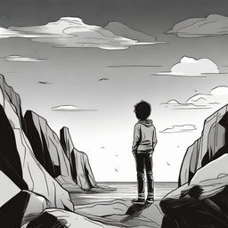 Illustrate a scene of a boy, colored in black and white, standing and daydreaming about a girl. The girl is vividly colored, side faced and located on a rocky cliff during the sunset.