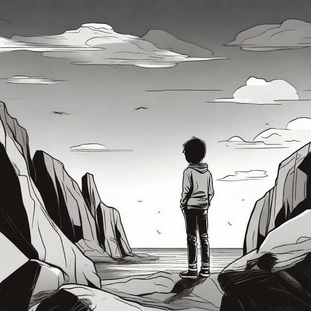 Illustrate a scene of a boy, colored in black and white, standing and daydreaming about a girl. The girl is vividly colored, side faced and located on a rocky cliff during the sunset.