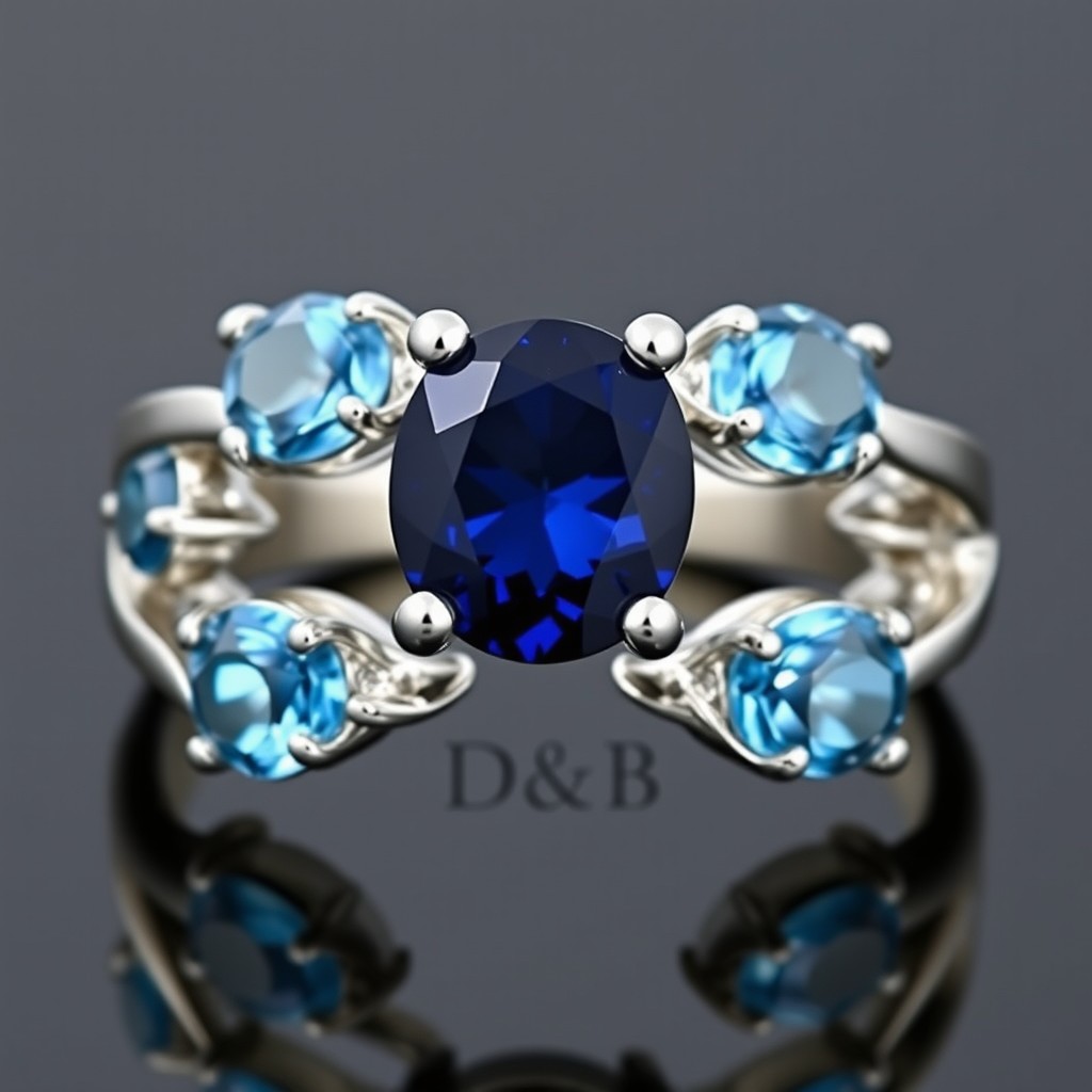 A stunning silver ring featuring a dark blue sapphire as the centerpiece, surrounded by light blue topaz gemstones accentuating the ring