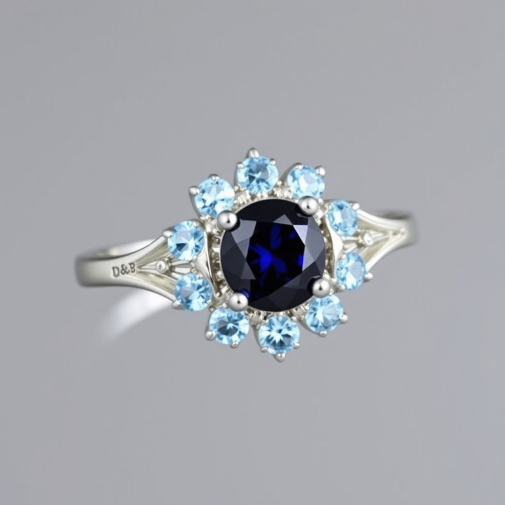 A beautifully crafted silver ring showcasing a striking dark blue sapphire centerpiece, surrounded by delicate light blue topaz stones that accentuate its beauty
