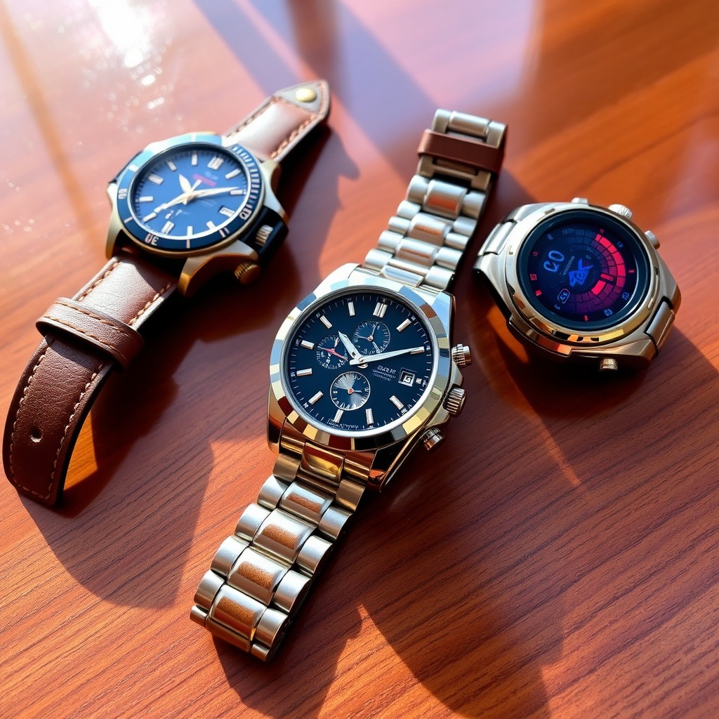 A collection of luxury watches displayed on a polished wooden surface