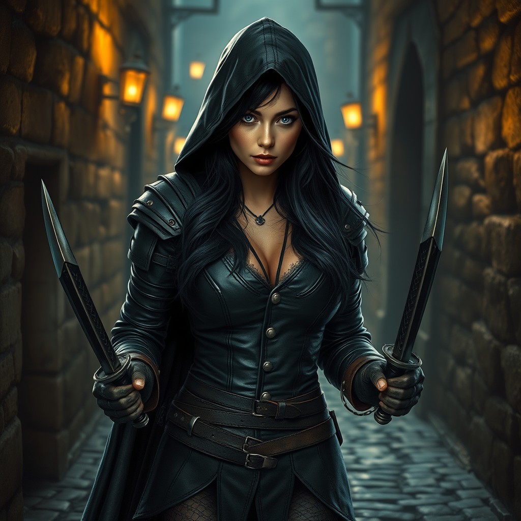 A strikingly beautiful female rogue character, clad in dark leather armor, featuring long luscious black hair cascading out from under her hood