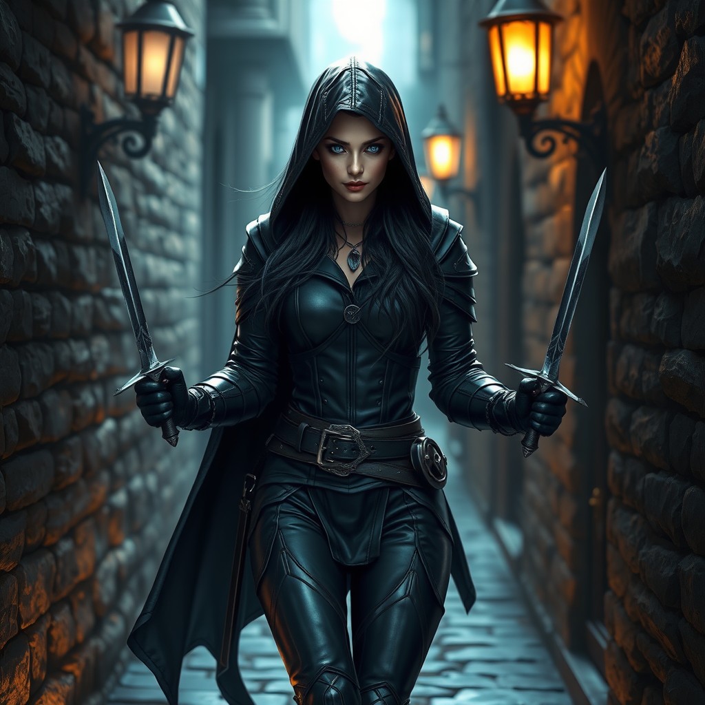 A human female rogue character, clad in sleek dark leather armor, with strikingly beautiful blue eyes that shimmer in the dim light