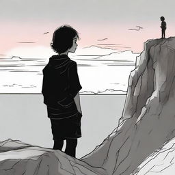 Illustrate a scene of a boy, colored in black and white, standing and daydreaming about a girl. The girl is vividly colored, side faced and located on a rocky cliff during the sunset.