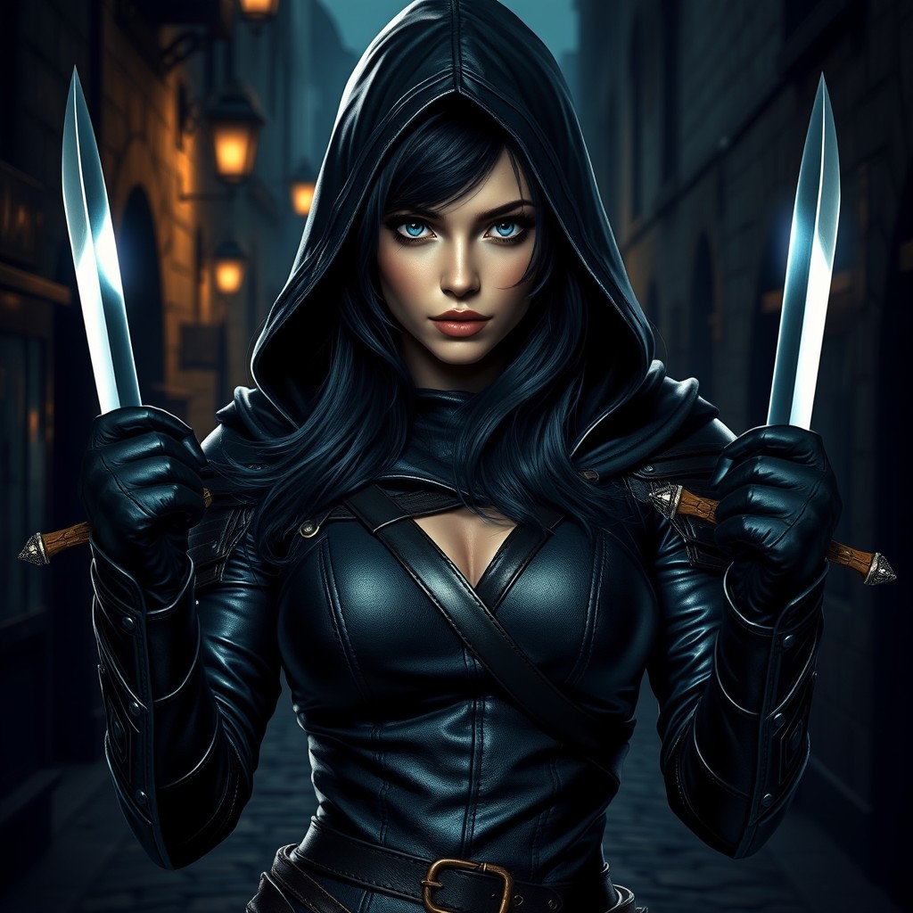A stunning female rogue character in a dimly lit medieval city alley, wearing sleek dark leather armor that fits her form perfectly