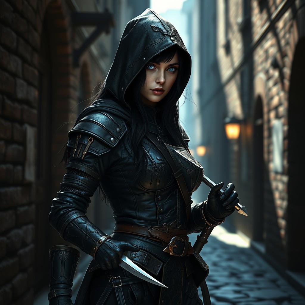 A stunning female rogue character, dressed in intricately designed dark leather armor, featuring beautifully detailed stitching