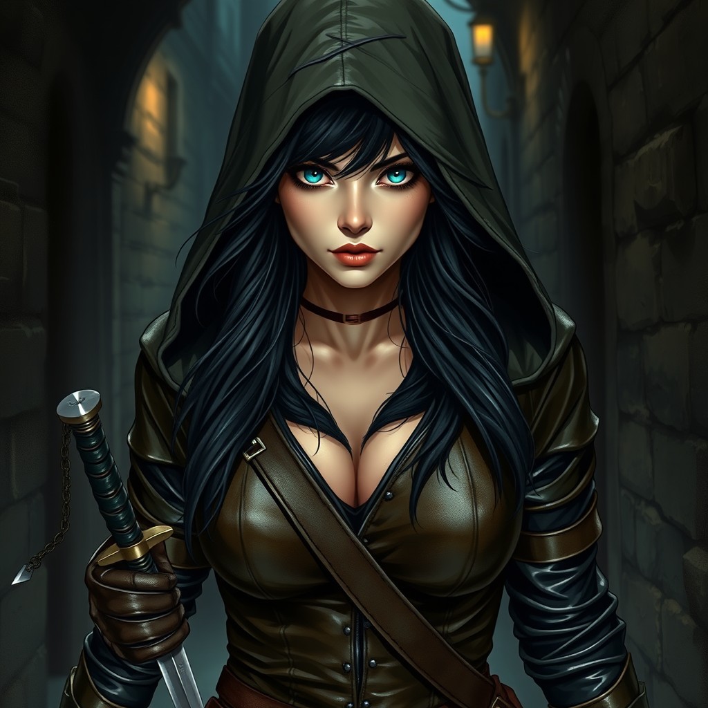 A stunningly beautiful female rogue character in a dark medieval city alley, wearing dark leather armor that emphasizes her confident and stealthy demeanor